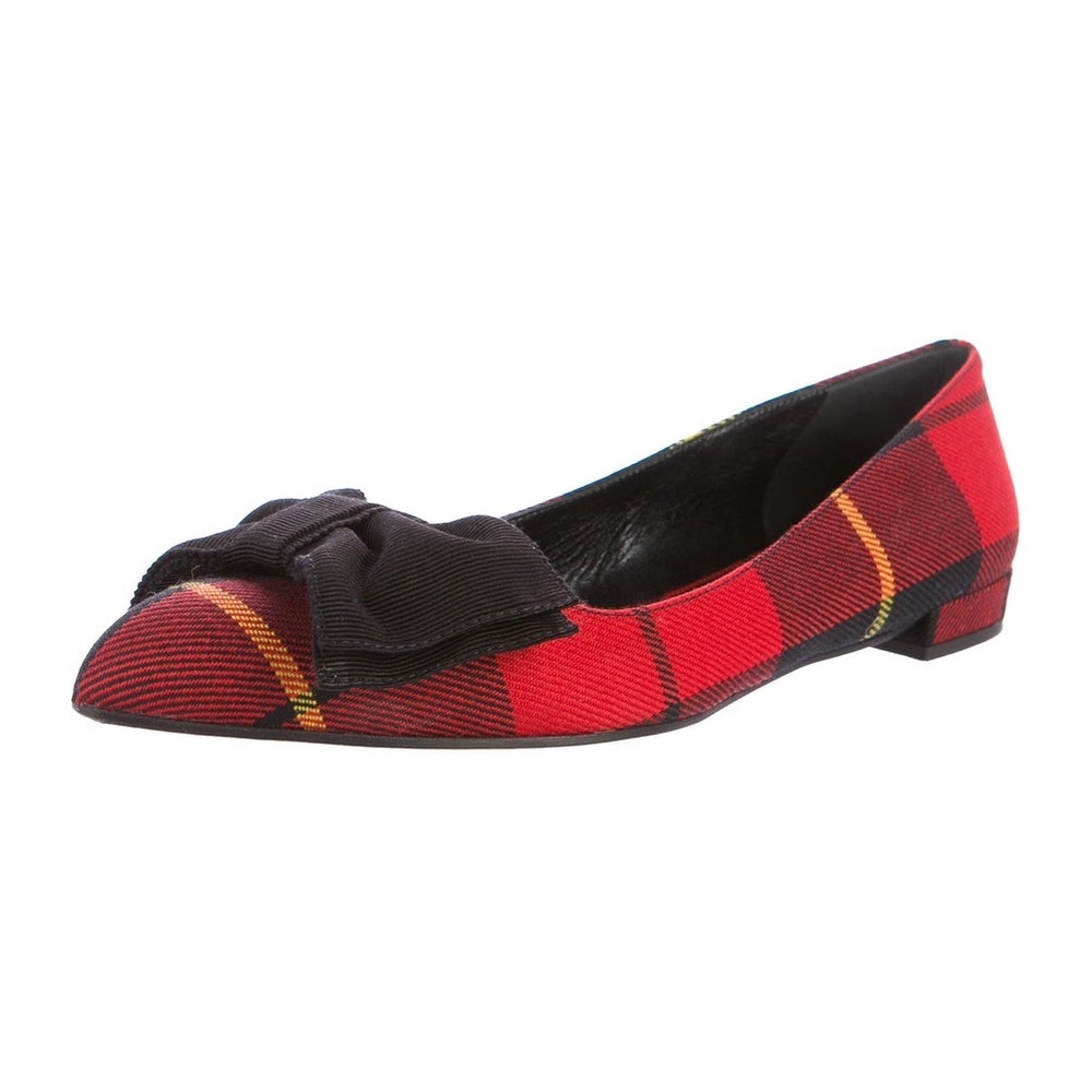 Prada Plaid Bow Pointed-Toe Flats